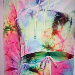 Tie dye velvet crop long SLV hoodie w elastic waist pant set